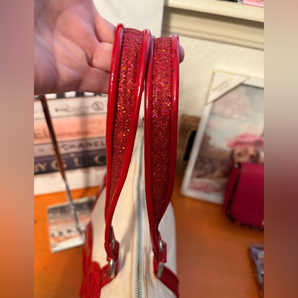 Coach Cream Tote with Red Heart Accents and Straps - Picture 10 of 15